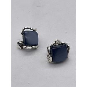 Caro Signed Silver Tone with Blue Glass Clip On Earrings Vintage